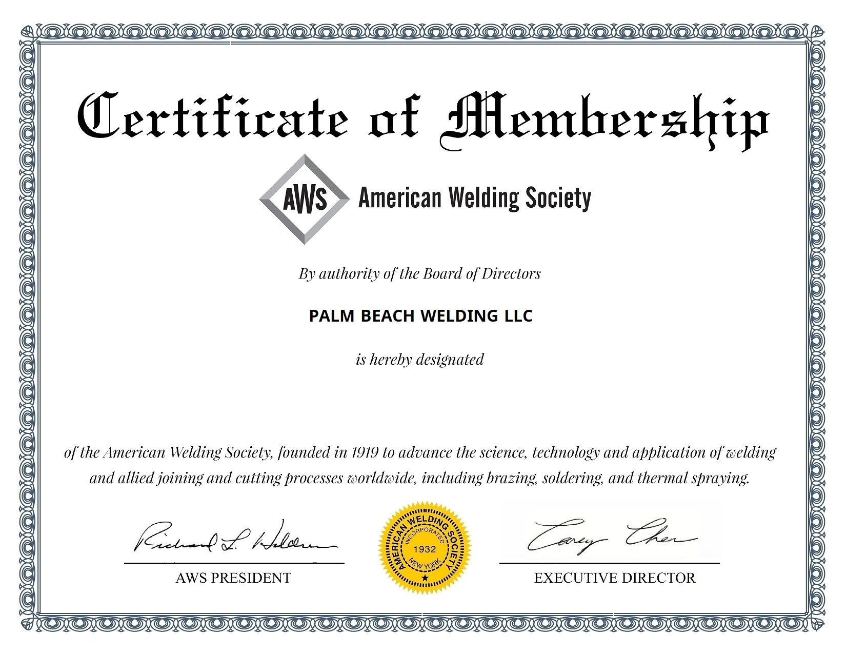 American Welding Society corporate membership certificate for Palm Beach Welding